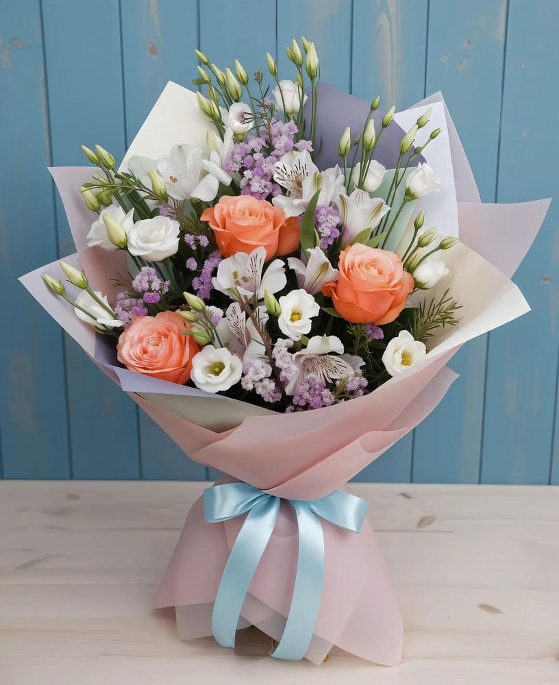 Букет цветов из: Лизиантусы, Розы, Альстромерии и Гипсофила в Снежногорске