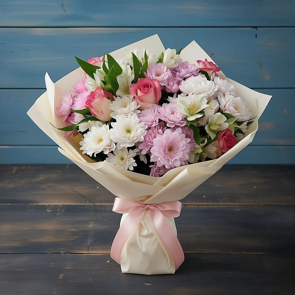 Букет цветов из: Хризантемы, Альстромерии и Розы в Снежногорске